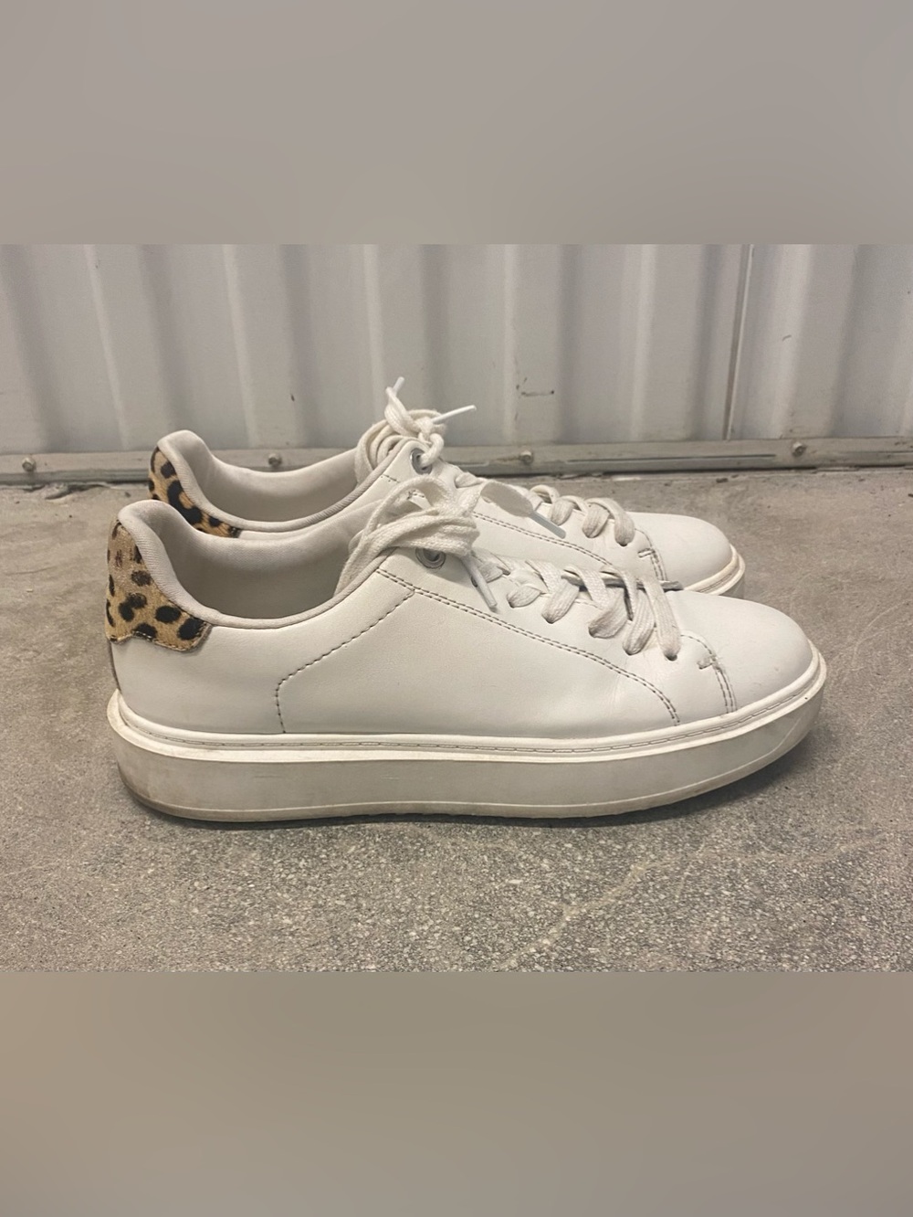 Steve Madden Women’s White Platform Lace-Up Sneakers with Leopard Accent, Size 9